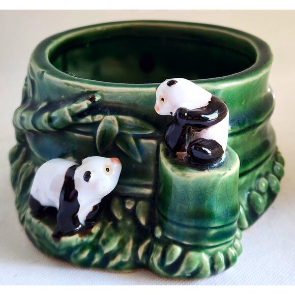 VINTAGE PLANTER-Pottery-Green Bamboo-Panda Bears-Plant Holder-Mid-Century Modern - Picture 1 of 14